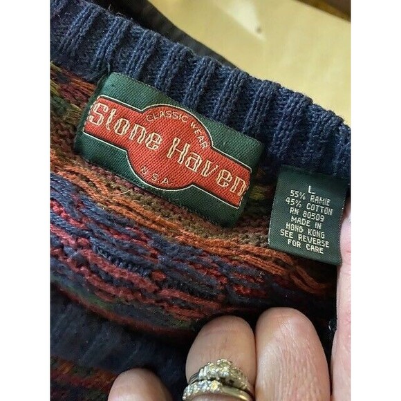 Vintage 90s Stone Haven Mens Sz L Knit Crewneck Abstract Grandpa Sweater Retro - Picture 5 of 6